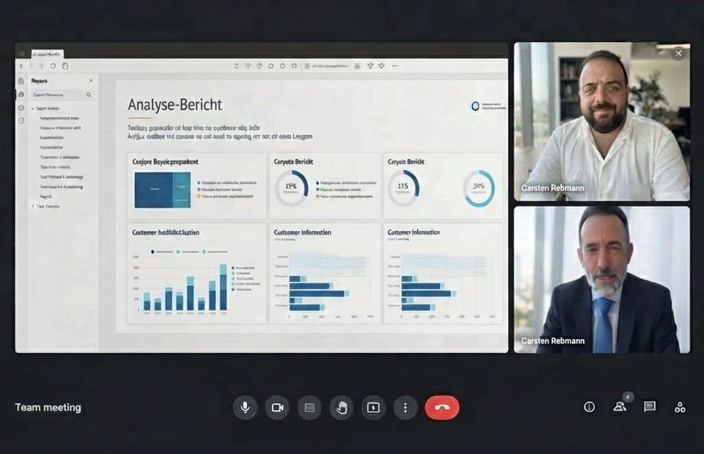 Video-Erstgespräch: Ein Analyse-Bericht wird auf dem Bildschirm geteilt, daneben die Videobilder des Rankhalo-Gründers und eines Gesprächspartners